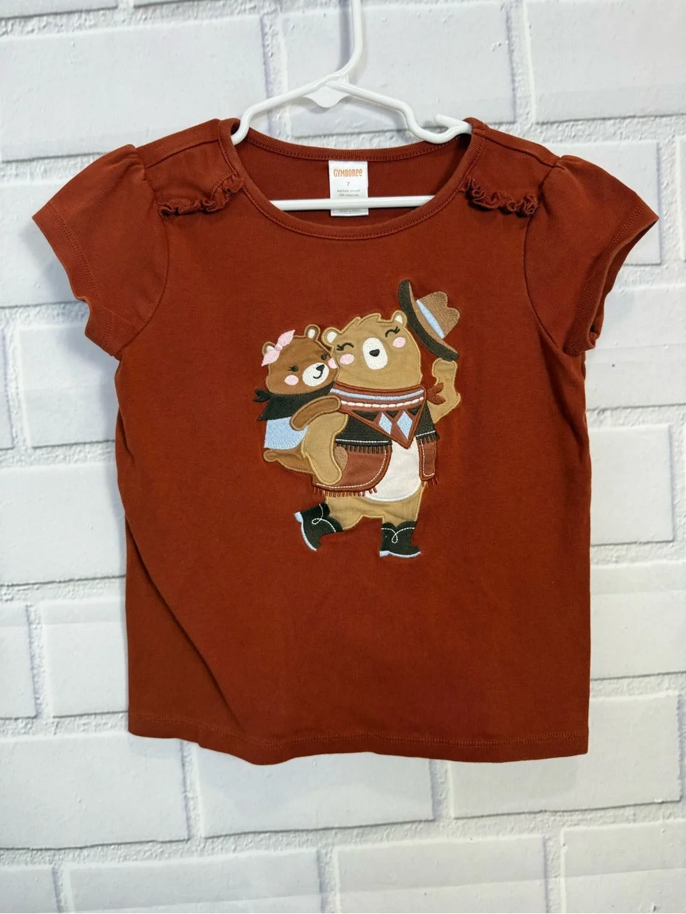 Gymboree Girls Bear Graphic Flutter Sleeve T-Shirt Size 7 Brown Cute Cotton Top